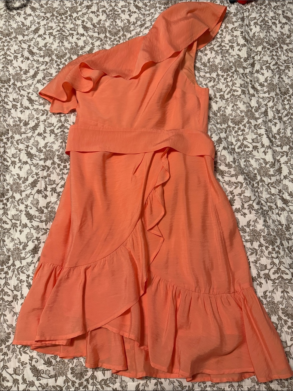 Express One-Shoulder Coral Ruffle Dress